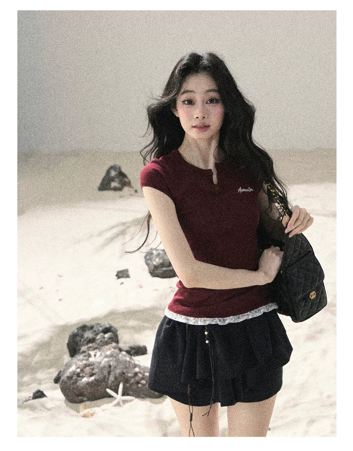 "Letter from the Tides" Burgundy Red Faux Two-Piece Lace Waist-Fit Crop Top 452436