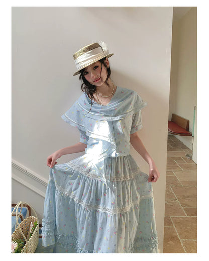 “Blue Blossom Chronicle” Ice Blue Floral Skirt Set