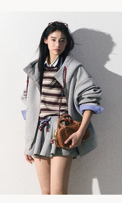 OAKMOO/ "A Trace of Self" Light Heather Gray Miu-Inspired Sporty Hoodie & Skirt Set