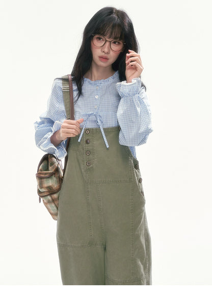 [CAN] Blue Plaid Lace-Trim Bow Tie Blouse