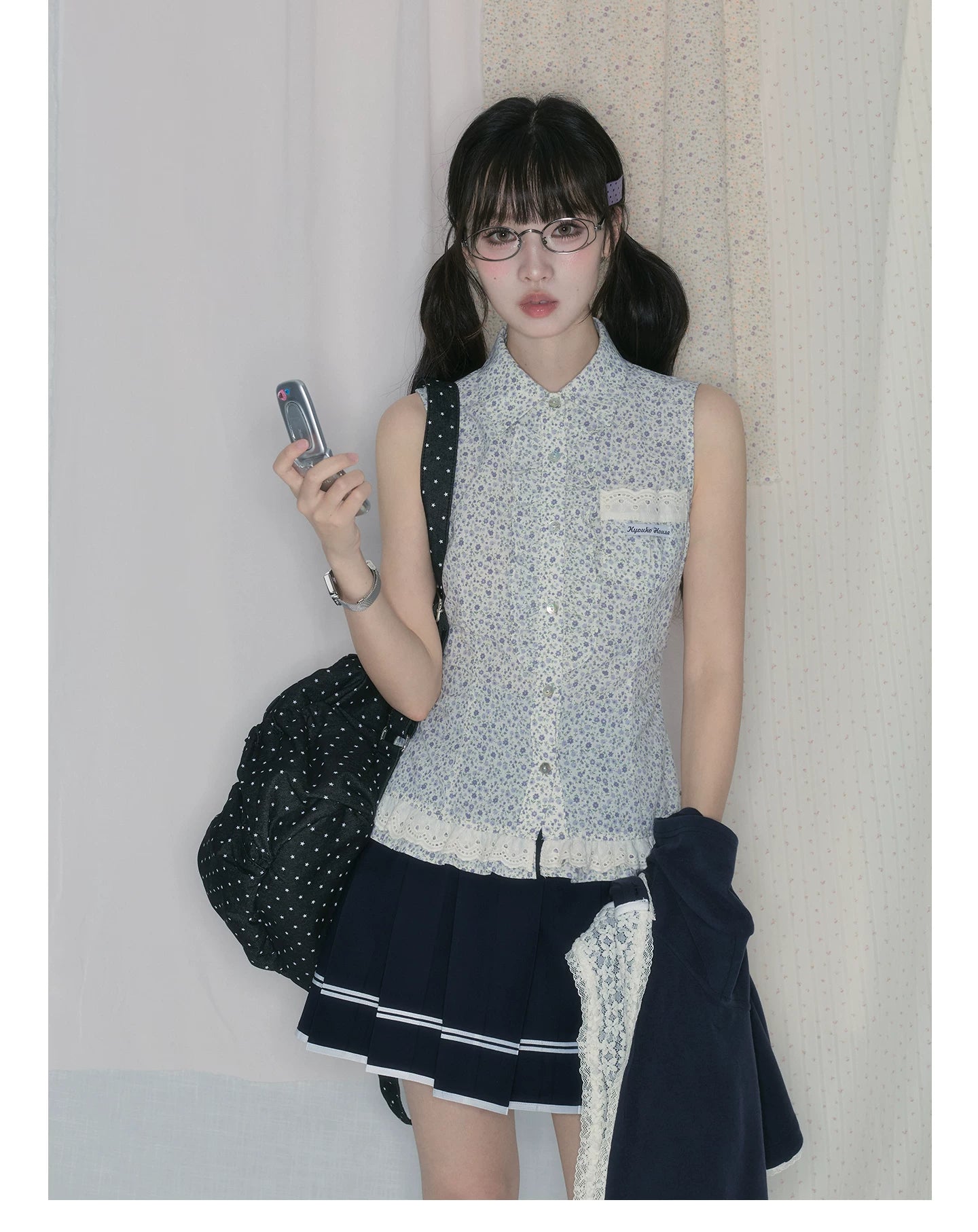 "Midnight Blossom" Vintage Floral Collection (Sleeveless Blouse / Hooded Cardigan / Box Pleated Skirt)