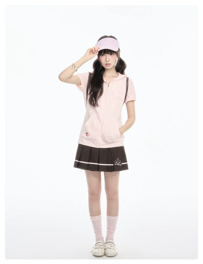 "Strawberry Daydream" Pink Hooded Zip-Up & Brown Skirt Set
