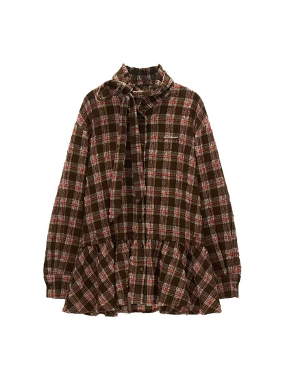 MAMC - Brown Bow Plaid Shirt Dress