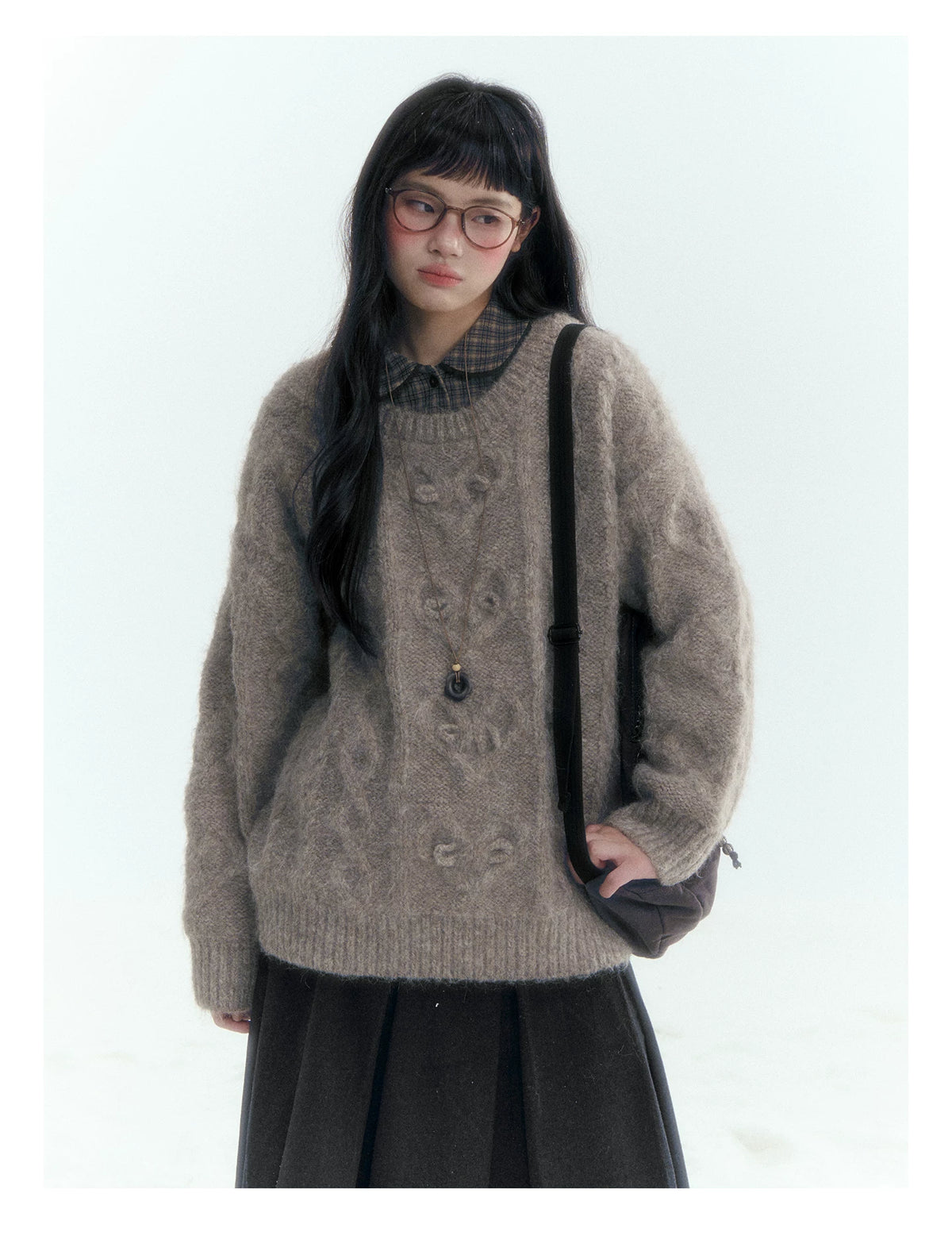 Horridale - Vintage Cable-Knit Heart-Texture Sweater – Smoky Gray
