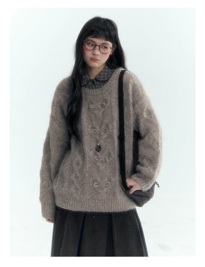 Horridale - Vintage Cable-Knit Heart-Texture Sweater – Smoky Gray