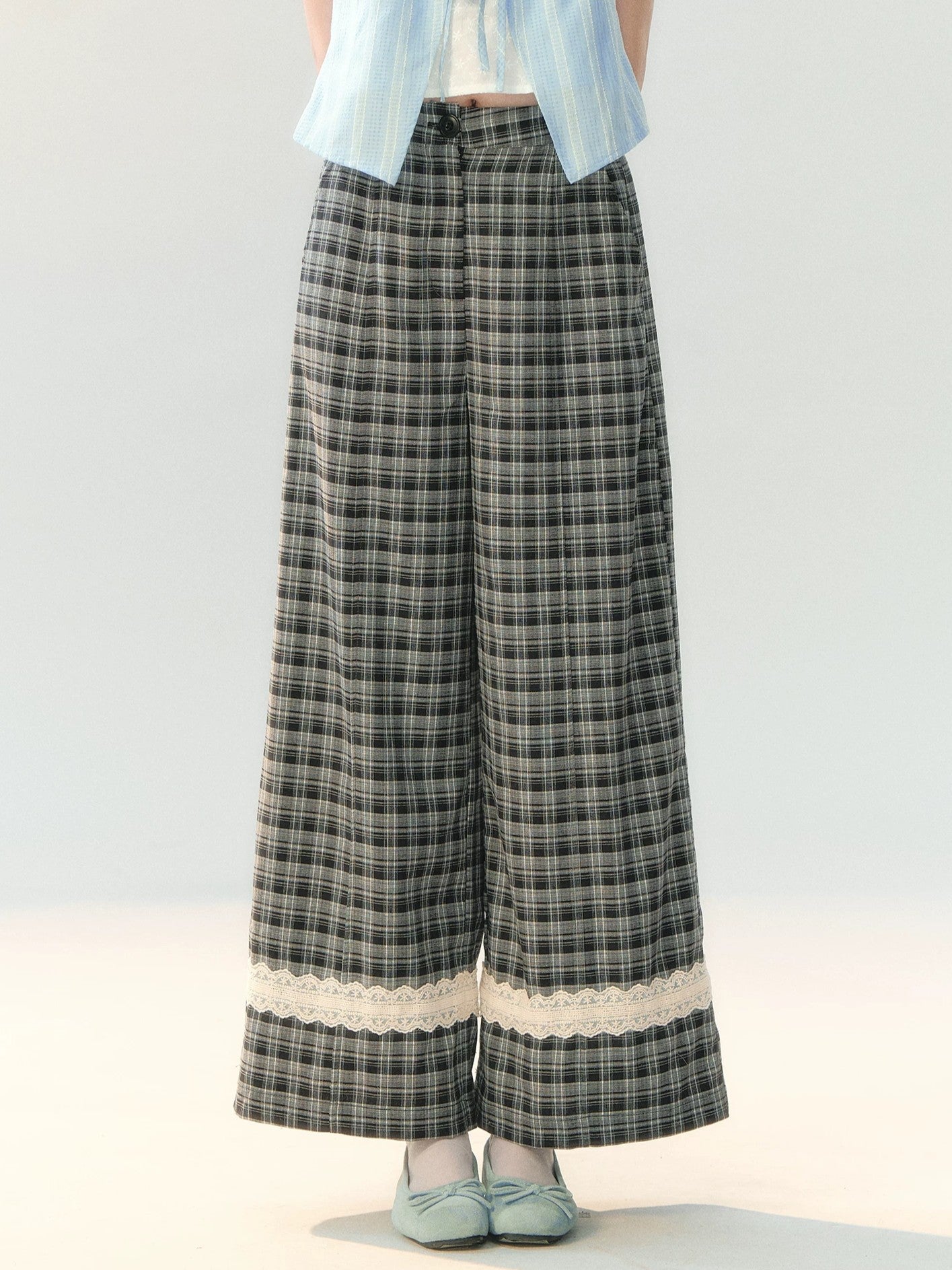 "Gray Cloud Flurry" Plaid Lace Hem Wide-Leg Pants SH2026205