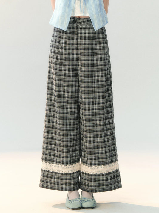 150625C  "Gray Cloud Flurry" Plaid Lace Hem Wide-Leg Pants