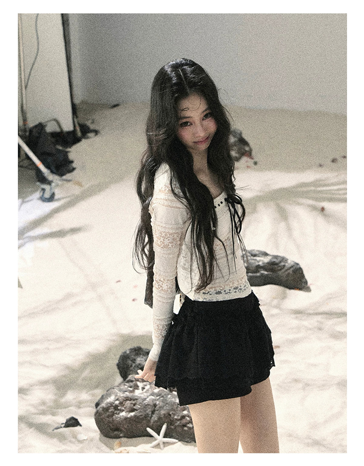 "Summer Shimmer Reverie" Creamy Oat White Lace Cutout Cardigan & Camisole Set 5864536513