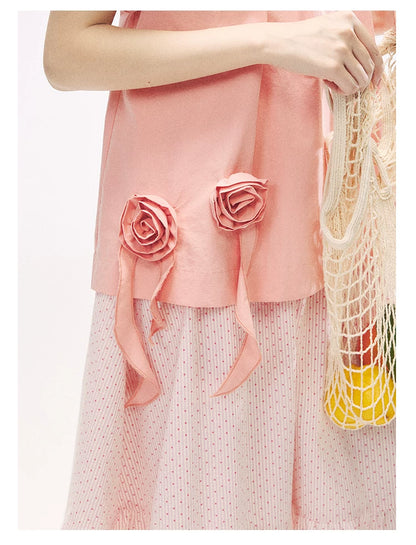 "Pink Grapefruit Bloom" Grapefruit Red Rose Puff Sleeve Blouse