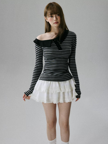 LOST FOREST - Striped Asymmetrical Lyocell-Wool Layering Top