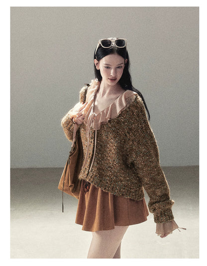 AOMALM - "A Featherlight Touch" French Camellia White Lace Chiffon Top with Belt (Camellia / Oatmeal / Cinnamon Pink)
