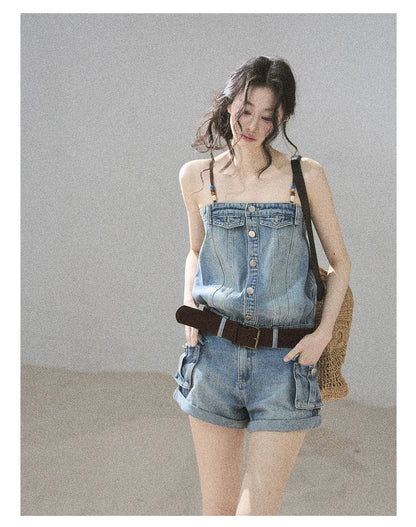 "A Walk by the Sea" Collegiate Blue Denim Utility Romper (With Belt)