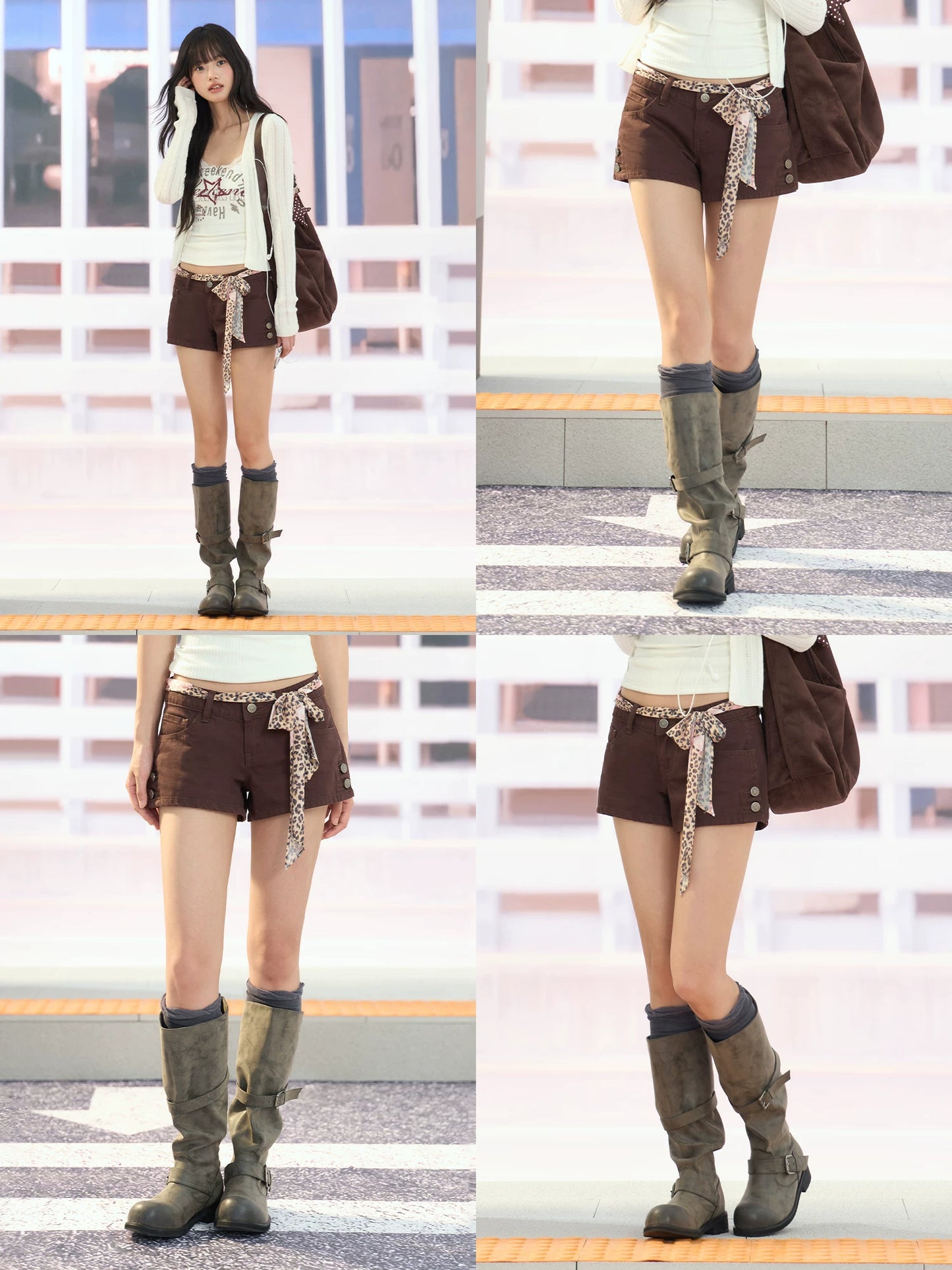 "Desert Departure" Dark Brown Denim Shorts (Includes Leopard Scarf Belt)