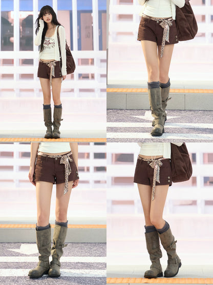 "Desert Departure" Dark Brown Denim Shorts (Includes Leopard Scarf Belt)