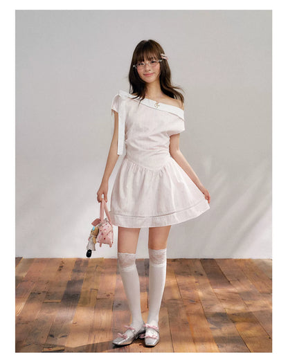 “Cloud Ballet Reverie” Blush Pink Off-Shoulder Dress