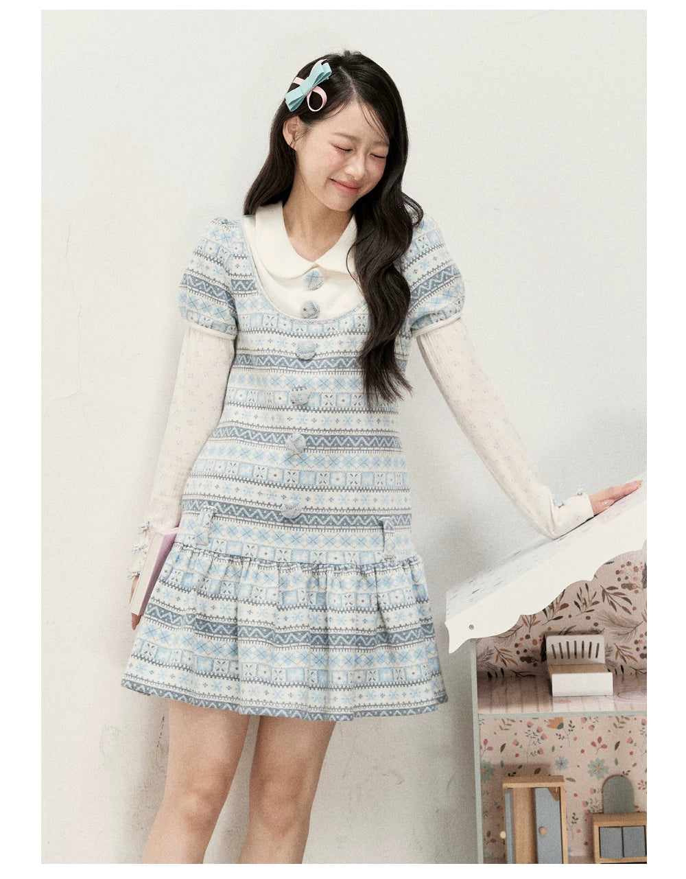[RF] Vintage Geometric Jacquard Peter Pan Collar Knit Dress with Ruffle Hem