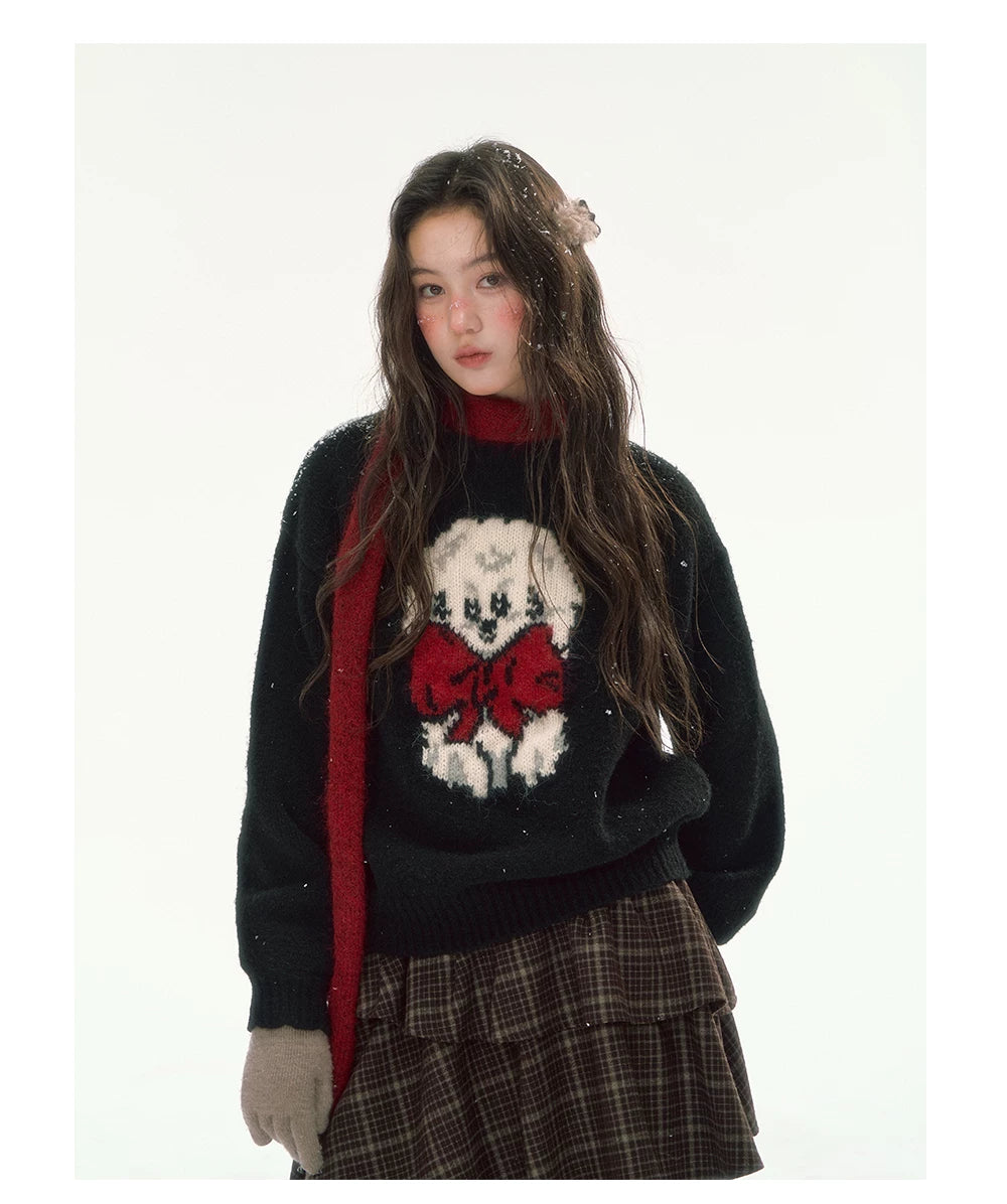 CANSTORE - "Bow Applause" Dark Gray Puppy Jacquard Knit Sweater