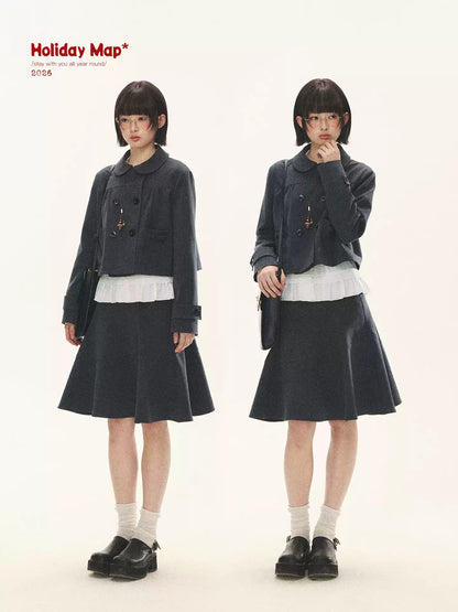 "First Day of Spring" Charcoal Gray Bow Blazer & Asymmetrical Skirt Set