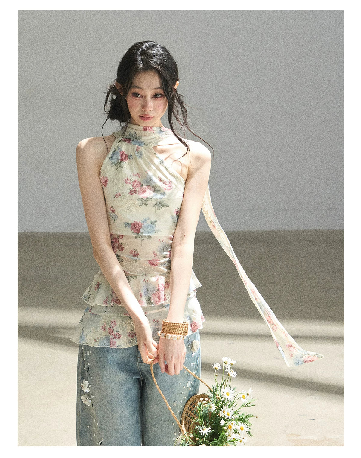 "Flowers & Sunlight" Dutch Cream Off-Shoulder Mesh Top