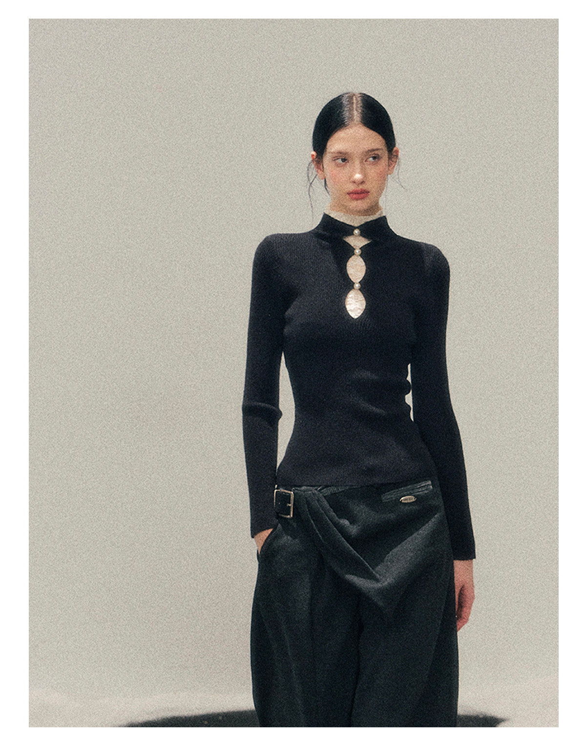 040126 "Lacewoven Dream" Mock Neck Layered Lace Knit Top - Obsidian Black