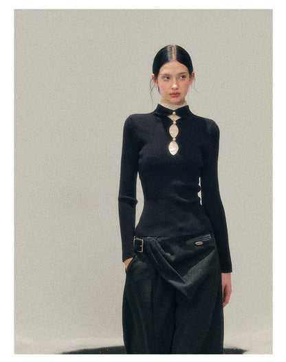 040126 "Lacewoven Dream" Mock Neck Layered Lace Knit Top - Obsidian Black