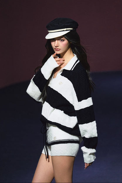 "Harbor Weekend" Navy Nautical Stripe Polo Knit Sweater & Layered Skort Set