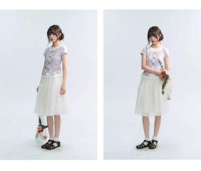 "Light Steps" Oat Apricot Pleated Lace Midi Skirt