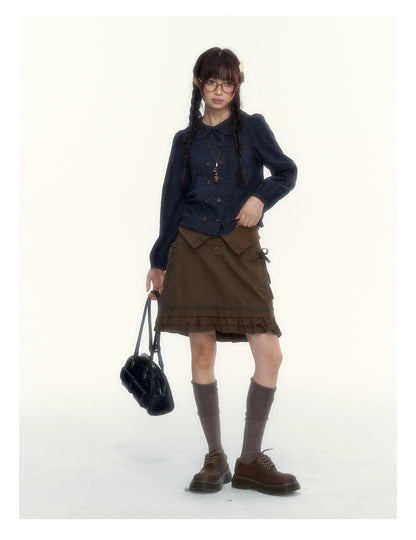 “Academy Melody” Navy Plaid & Dusty Purple Peter Pan Collar Cotton Shirt (Navy Plaid / Dusty Purple)