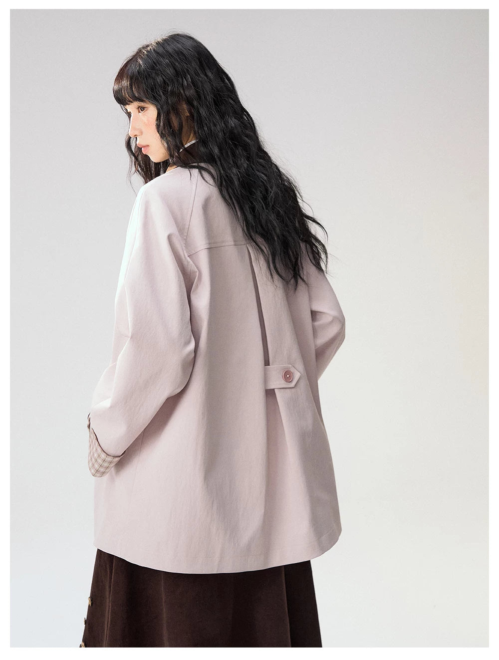 [CAN] Marshmallow & Cookie" Dusty Pink & Brown Plaid Bow Embroidered Trench Coat