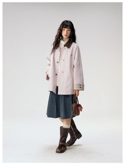 [CAN] Marshmallow & Cookie" Dusty Pink & Brown Plaid Bow Embroidered Trench Coat