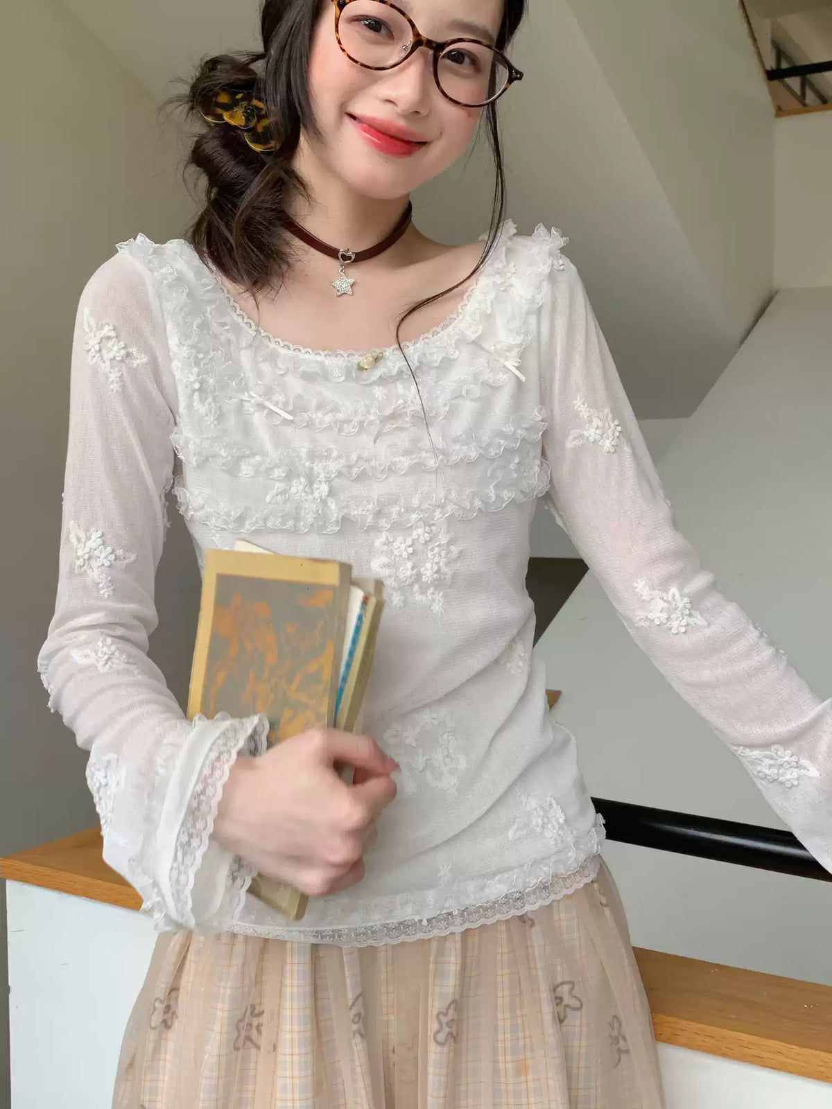 [RF] “Pearl Mist Reverie” White Lace-Trim Sheer Mesh Long-Sleeve Top