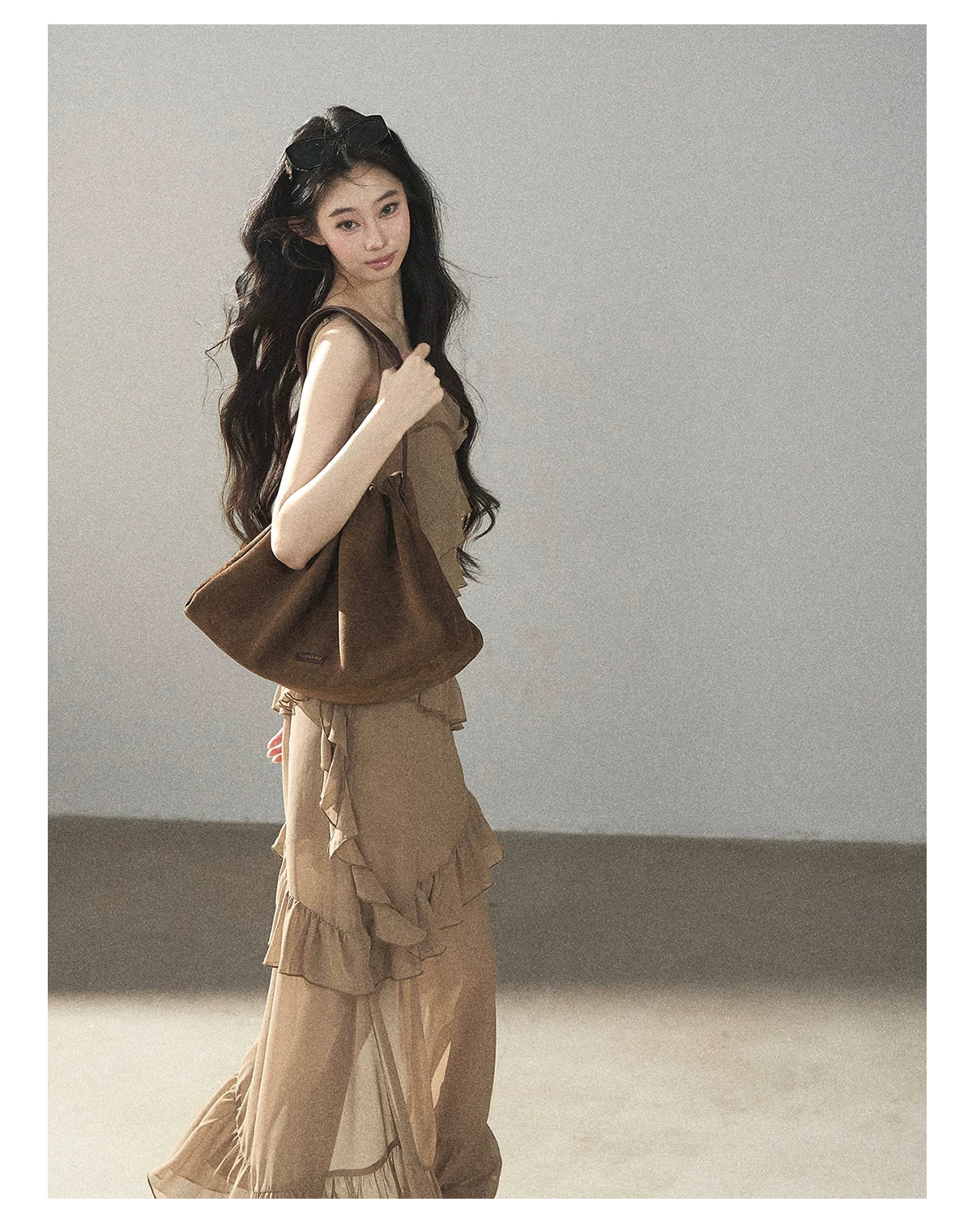 AOMALM - Cinnamon Gray-Brown Ruffle Chiffon Maxi Dress