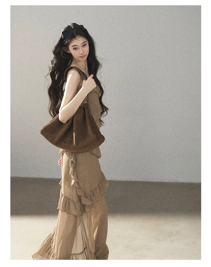 AOMALM - Cinnamon Gray-Brown Ruffle Chiffon Maxi Dress