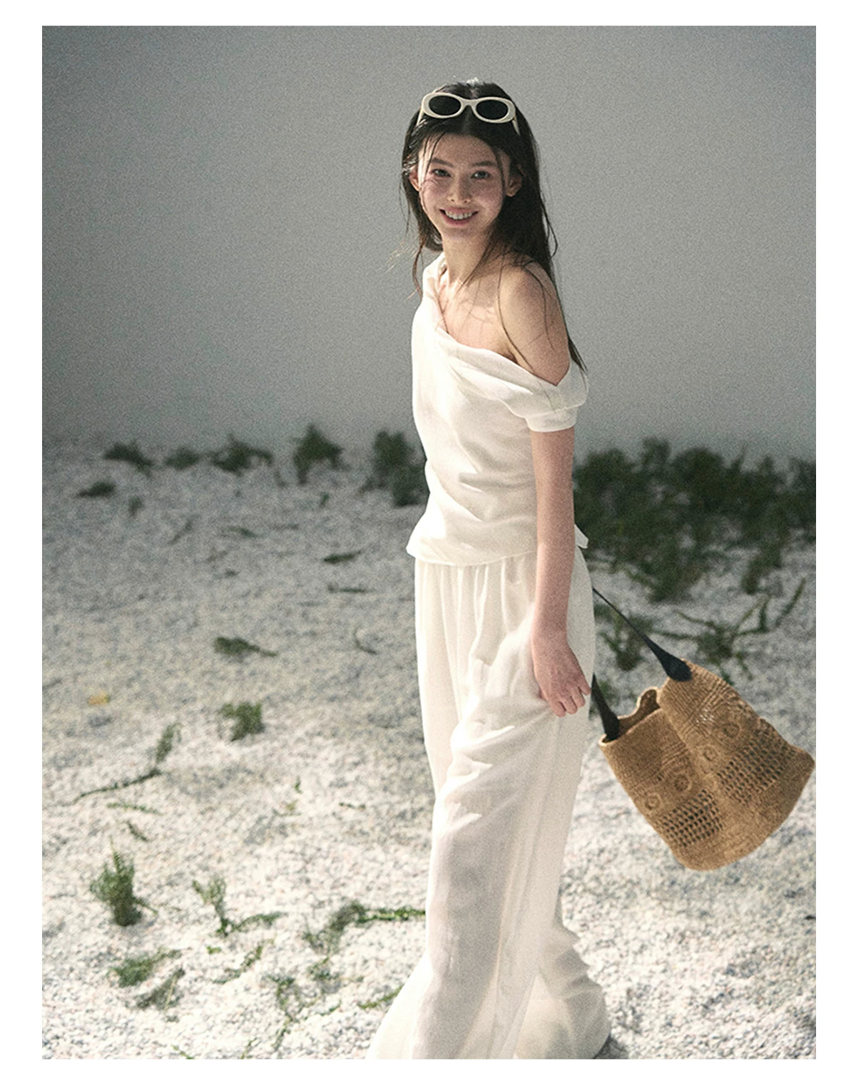 “Cloud Threads Falling at the Shoulder” Ivory Linen-Blend Two-Piece Set