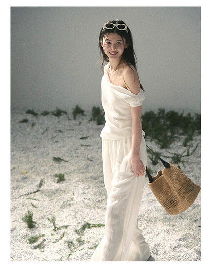 “Cloud Threads Falling at the Shoulder” Ivory Linen-Blend Two-Piece Set