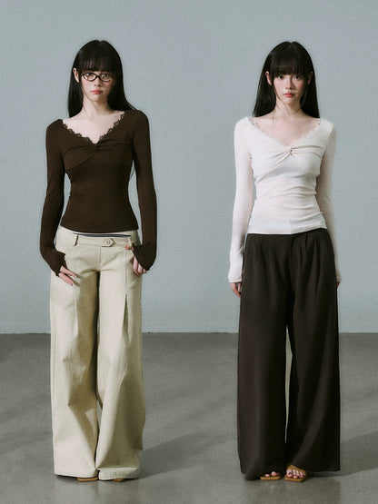 LOST FOREST - Brown Lace-Trim Twist Lyocell-Wool V-Neck Long Sleeve Top