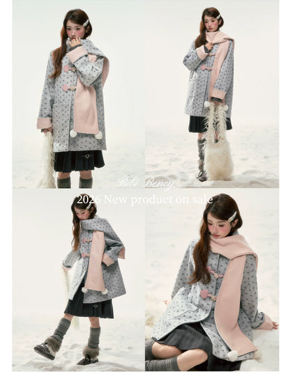 BIBIBENCY - Gray Floral Scarf-Trim Wool-Look Coat