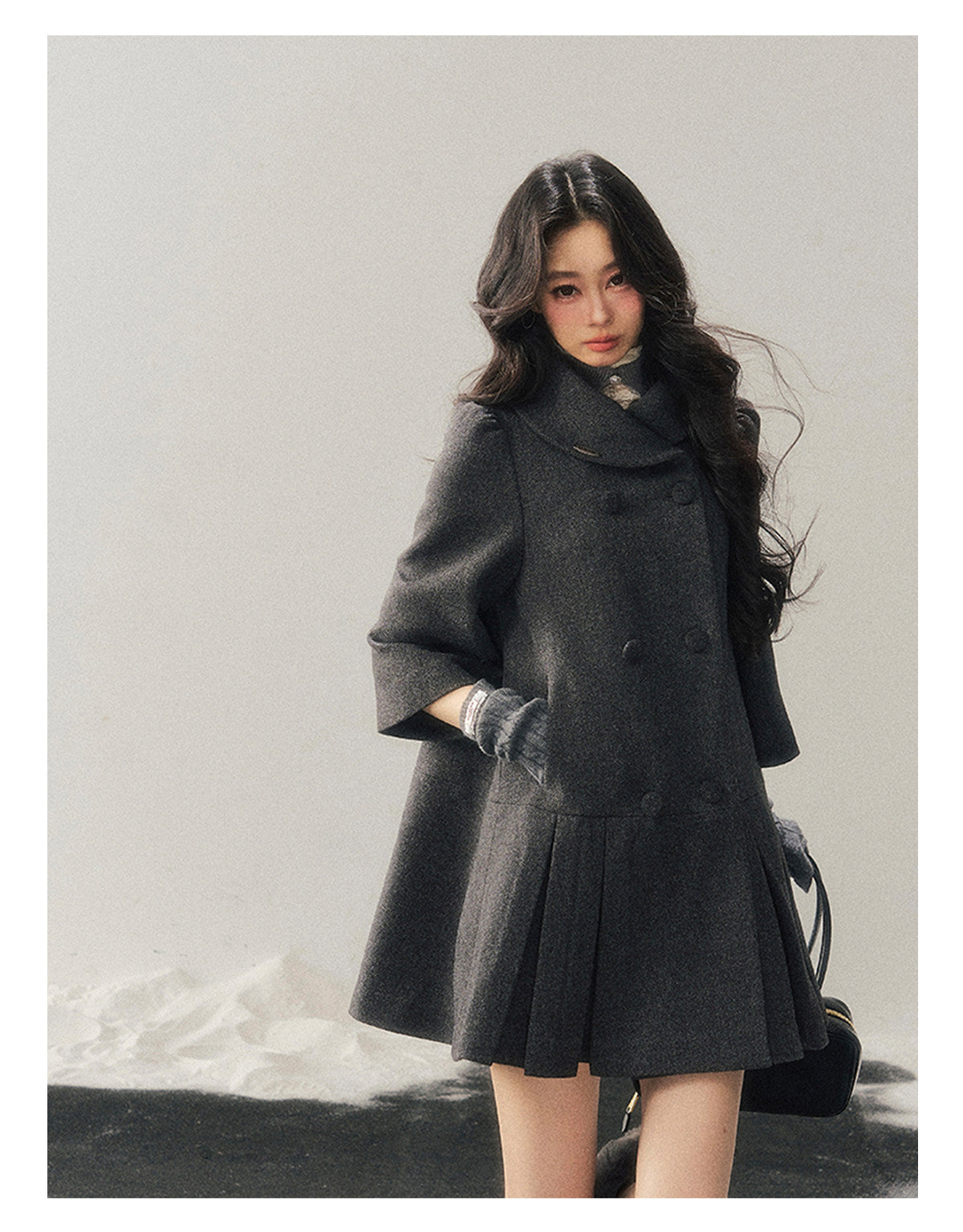 少也眼 "Luxembourg Heiress" Deep Rock Gray Preppy Wool-Blend Mid-Length Coat