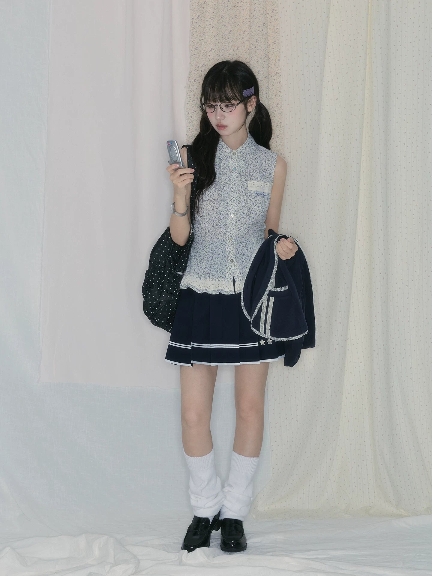 "Midnight Blossom" Vintage Floral Collection (Sleeveless Blouse / Hooded Cardigan / Box Pleated Skirt)