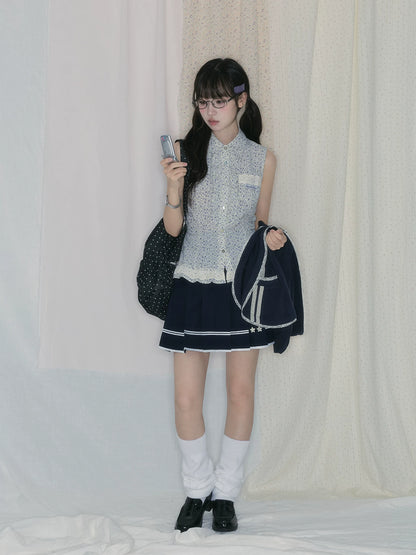 "Midnight Blossom" Vintage Floral Collection (Sleeveless Blouse / Hooded Cardigan / Box Pleated Skirt)