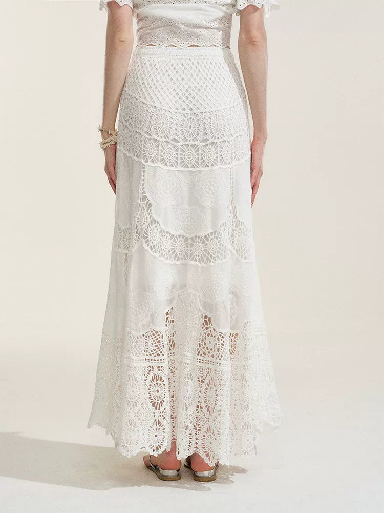 White Floral Embroidery Crochet-Detail Blouse