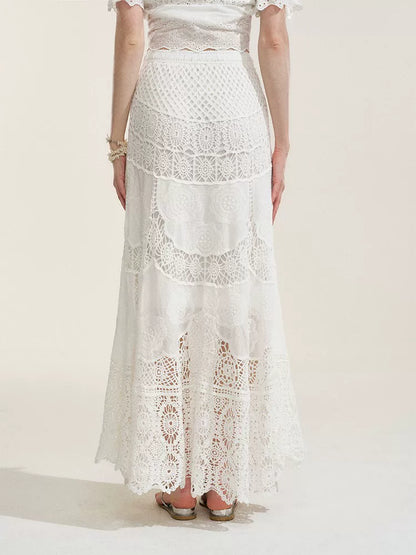White Floral Embroidery Crochet-Detail Blouse