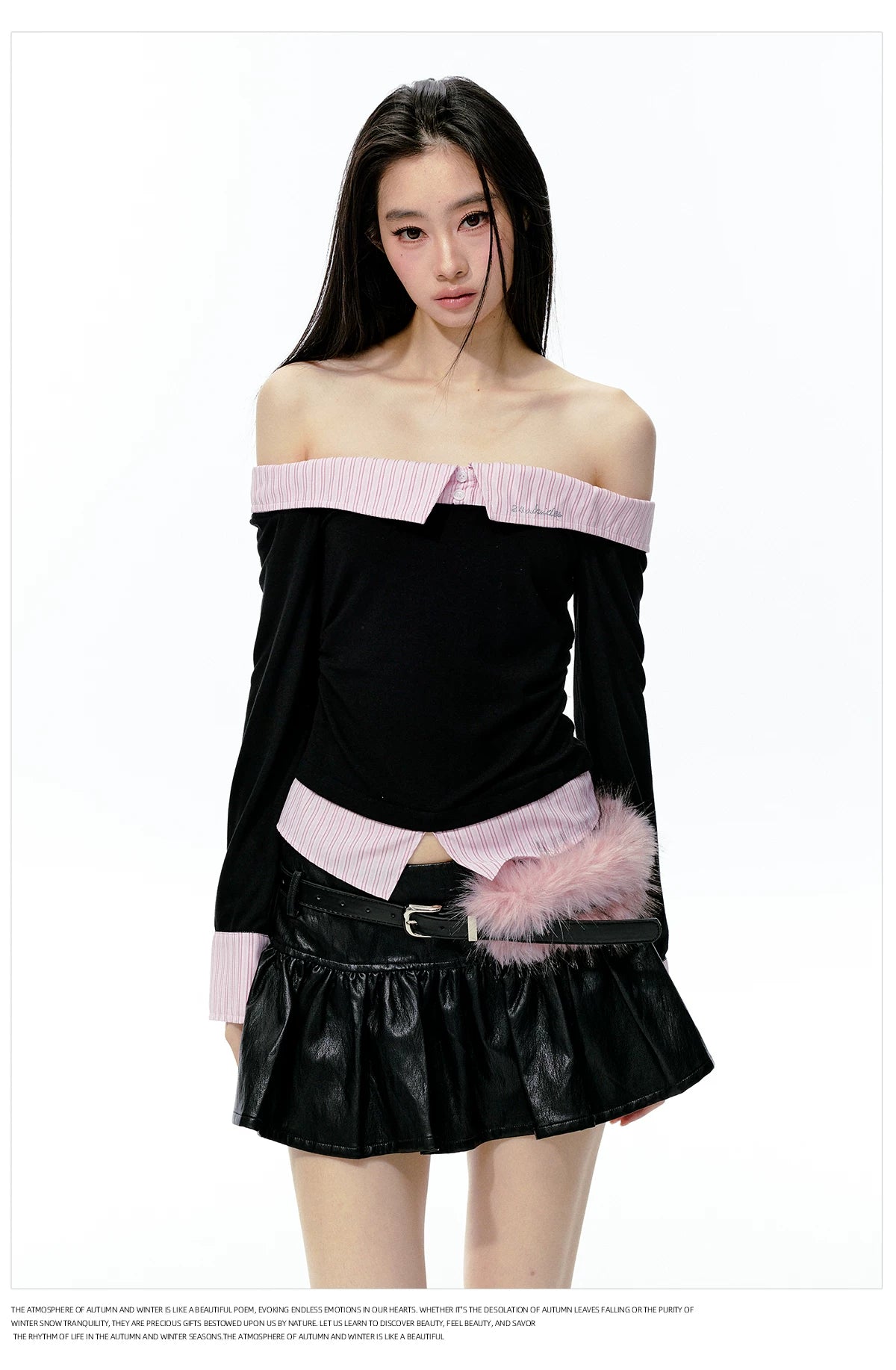 JN's DESIGN - Black & Pink Off-Shoulder Ruched Waist Top with Rhinestone Logo