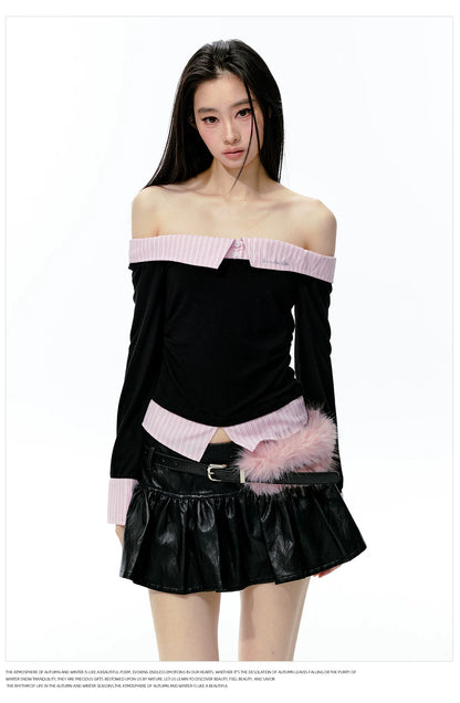 JN's DESIGN - Black & Pink Off-Shoulder Ruched Waist Top with Rhinestone Logo