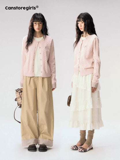 [CAN] "Autumn Letter" Bow Embroidered Faux-Layered Cable Knit Cardigan (Pink & White / Sage Green & Brown)