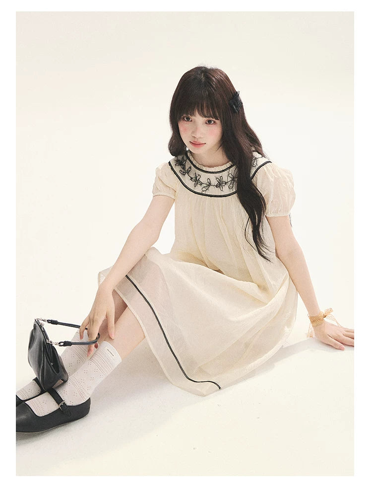 "Midnight Princess" Yellow Flower Rope Embroidered Babydoll Midi Dress