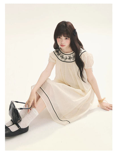"Midnight Princess" Yellow Flower Rope Embroidered Babydoll Midi Dress