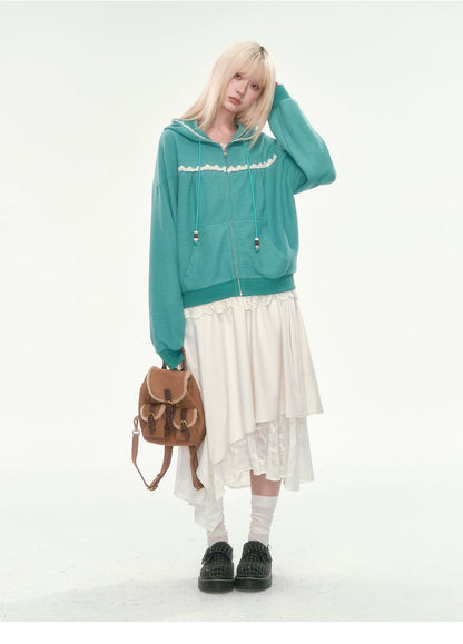 [CAN] Green Lace-Trim Waffle Knit Zip-Up Hoodie