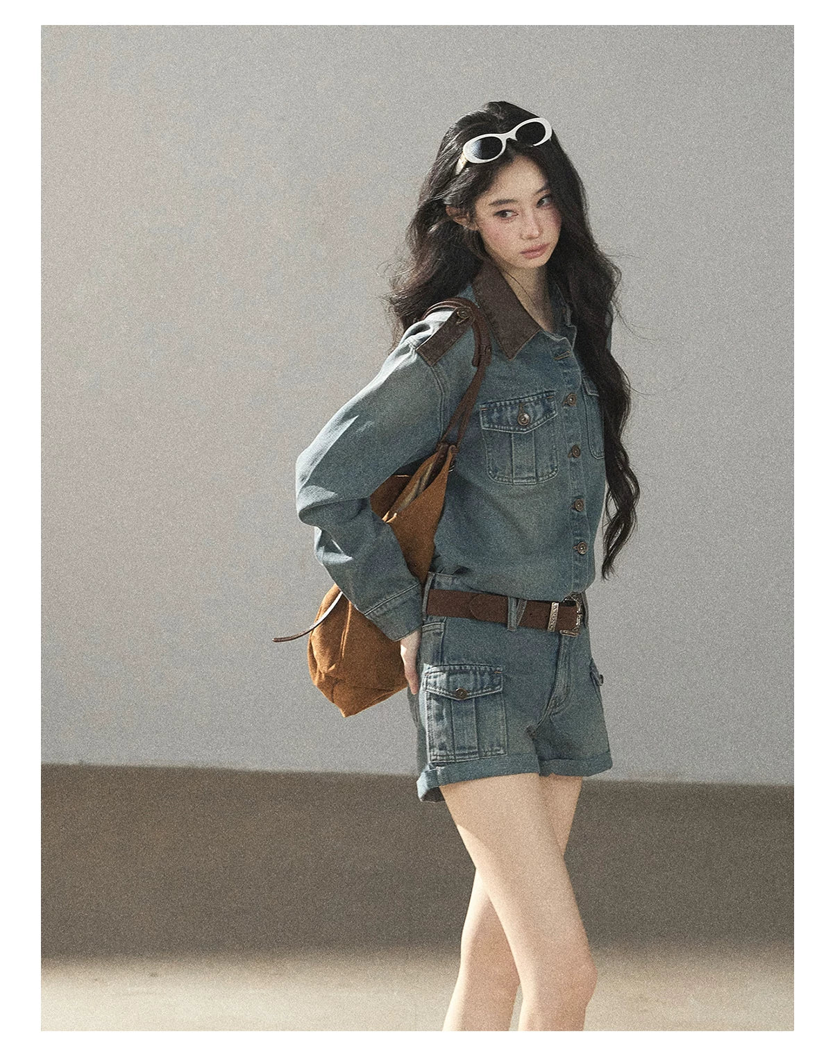 AOMALM - "Borrowed Sunshine" Vintage Blue Denim Commuter Set (Top + Shorts with Belt)