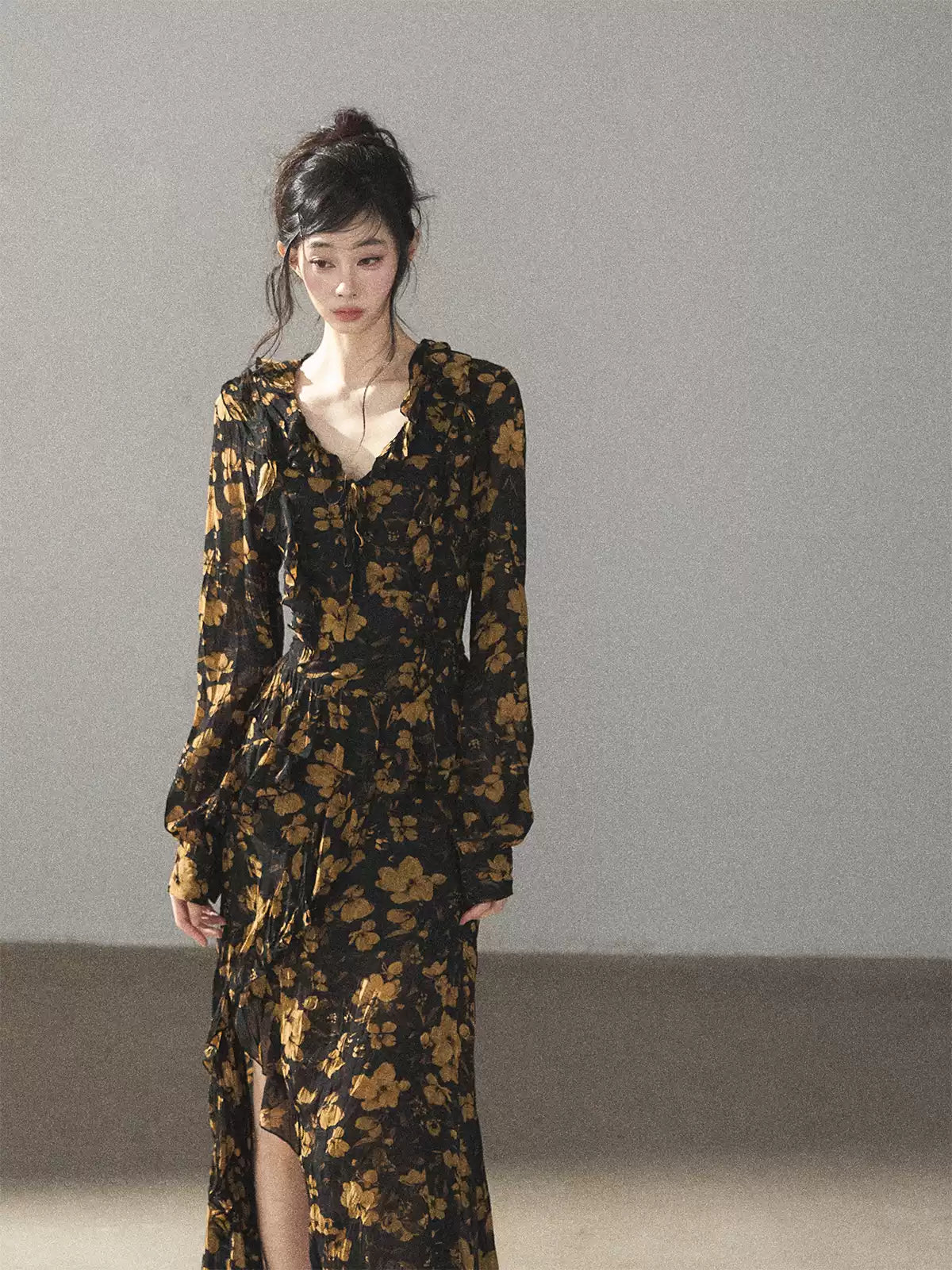 AOMALM - Black & Golden Brown Floral Ruffle Maxi Dress with High Side Slit